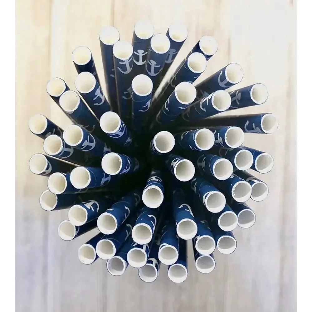 Anchor Nautical Themed Paper Straws - Navy Blue White - 7.75 Inches - 75 Pack